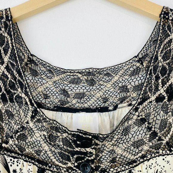 Anna Sui Black and Cream Horoscope Crochet Lace Trim Tie Silk Playsuit UK S - Picture 6 of 9